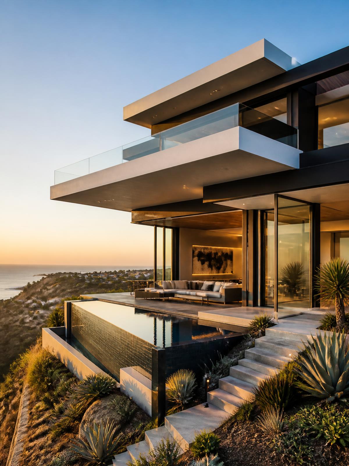 Contemporary San Diego hillside residence with cantilevered concrete volumes, floor-to-ceiling glass, and an infinity pool at dusk